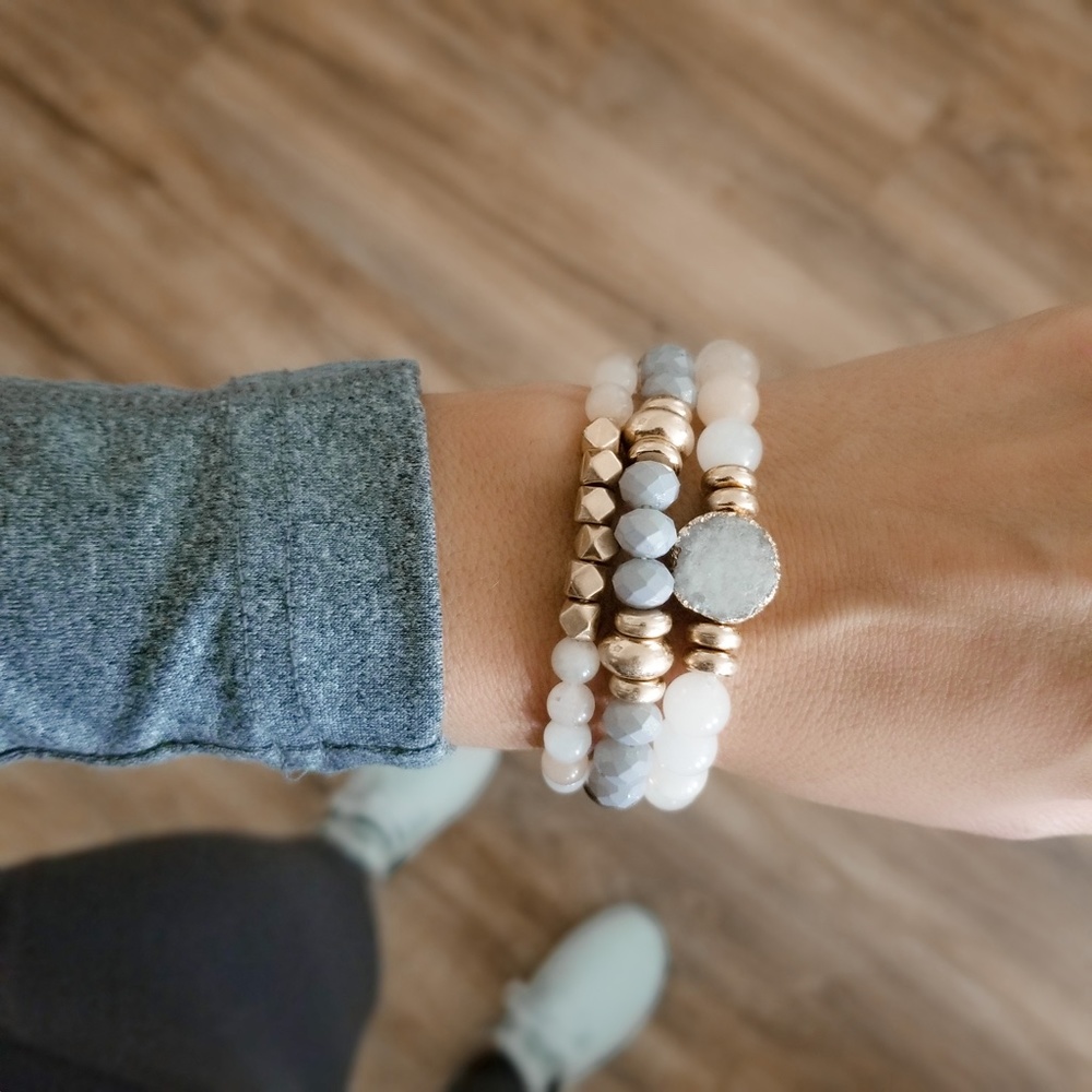Boho Semi Precious Stone Bracelet Set Druzy Stretch Bracelets - Picture 3 of 4